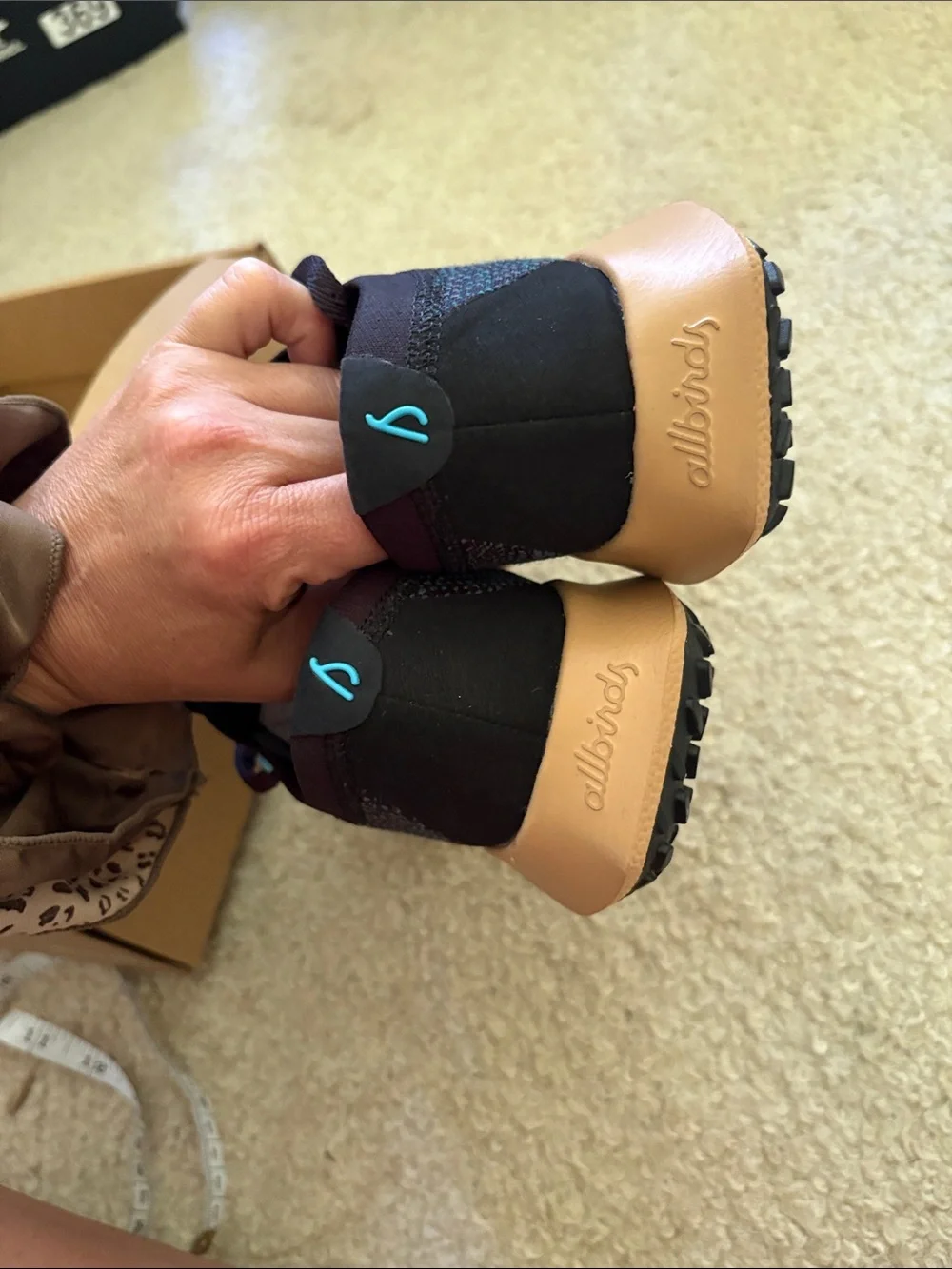 allbirds Women's dasher Black Knit Sneakers with Turquoise Accents and Gum Sole